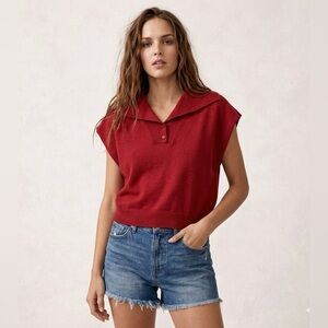 Rachel Zoe Merino Wool Sleeveless Knit Polo Sweater Red Medium Classic RHOBH